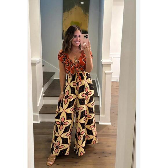 Free People Bali Golden Age Jumpsuit Sz L large Boho Wide-Leg Excellent - Picture 2 of 8